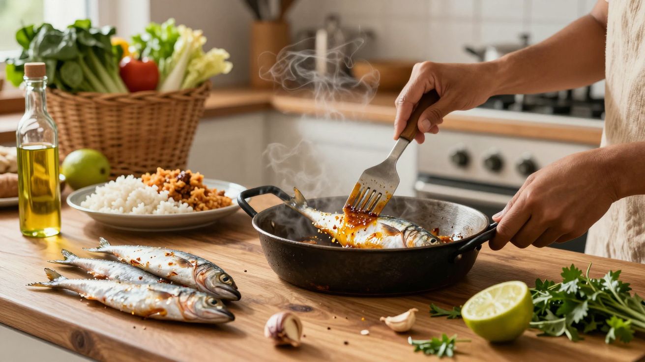 Persona cocinando pescado en una sartén, con verduras, arroz y aceite de oliva en la encimera de una cocina moderna.