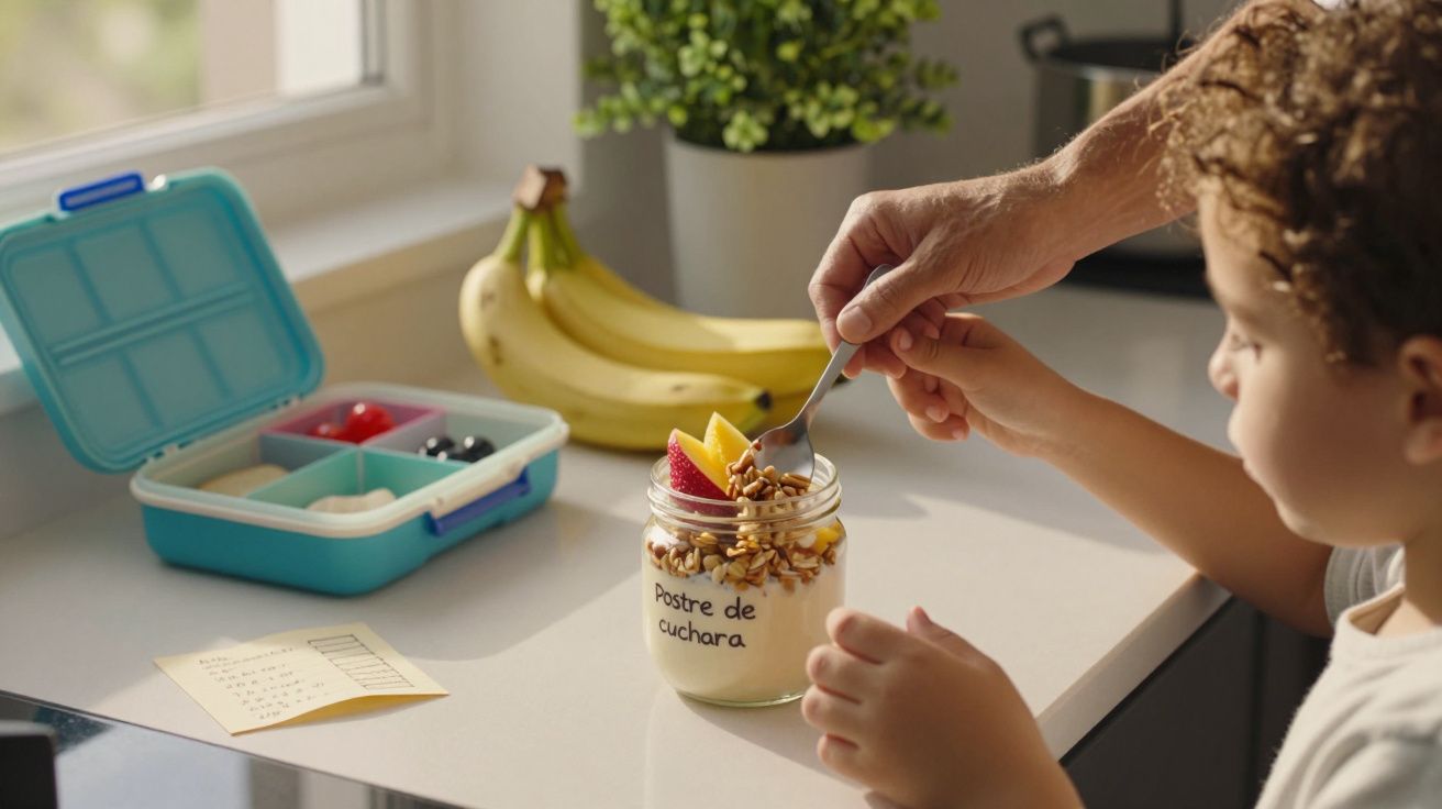 Niño comiendo postre de cuchara en la cocina, junto a un tupper abierto y plátanos sobre la encimera.