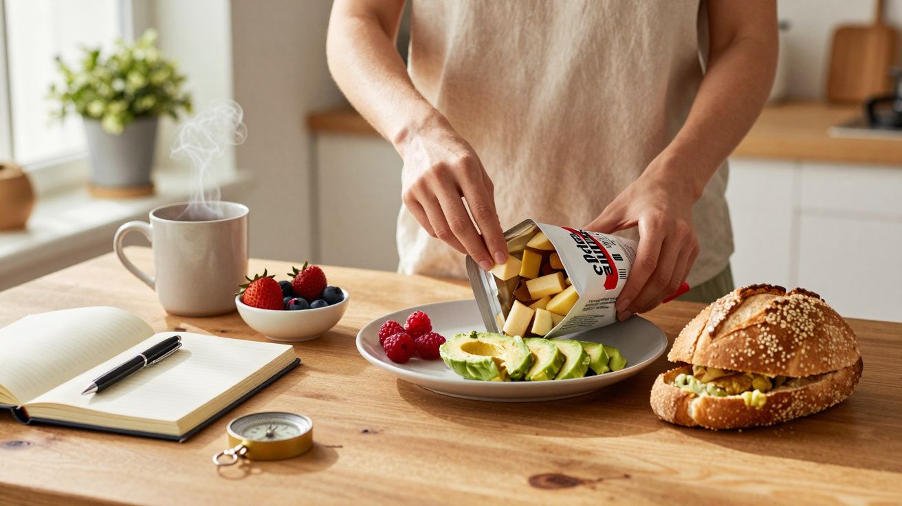Persona sirviendo dados de manzana en un plato con aguacate, junto a un bollo de semillas y una taza de café en la mesa.