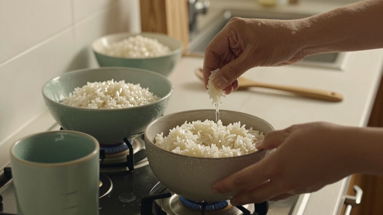 Manos añadiendo arroz cocido en cuencos sobre fogones en una cocina.