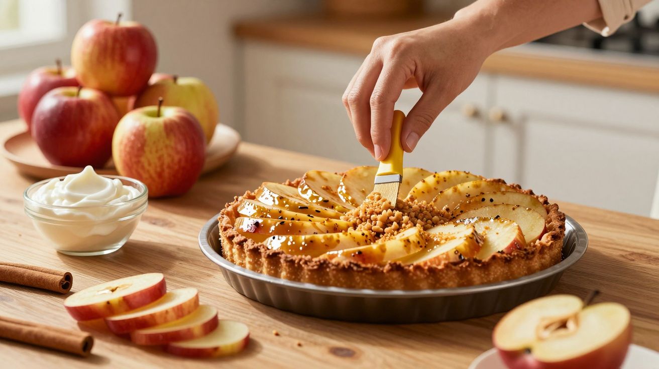 Mano espolvorea crujiente sobre una tarta de manzana en la cocina, rodeada de manzanas frescas, nata y canela.