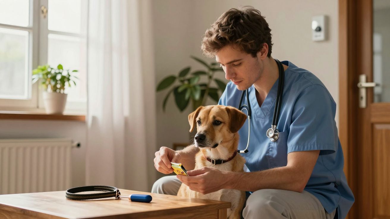 Veterinario en uniforme azul revisa una caja mientras un perro lo observa; ambos están sentados en una sala iluminada.