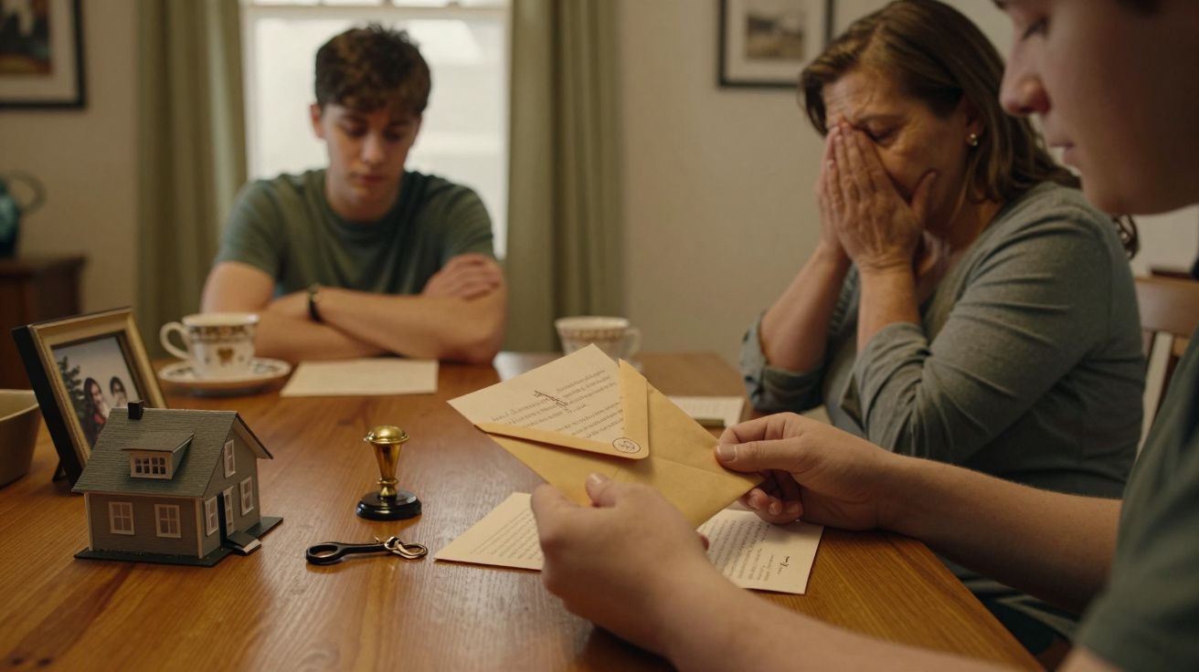 Tres personas sentadas en una mesa, una mujer se cubre el rostro y un joven sostiene un sobre abierto.