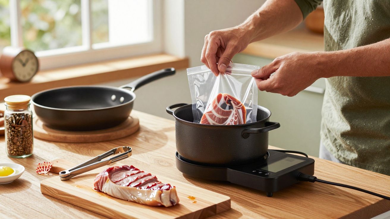 Hombre cocina al vacío un trozo de carne en una olla negra sobre una encimera de madera en una cocina luminosa.