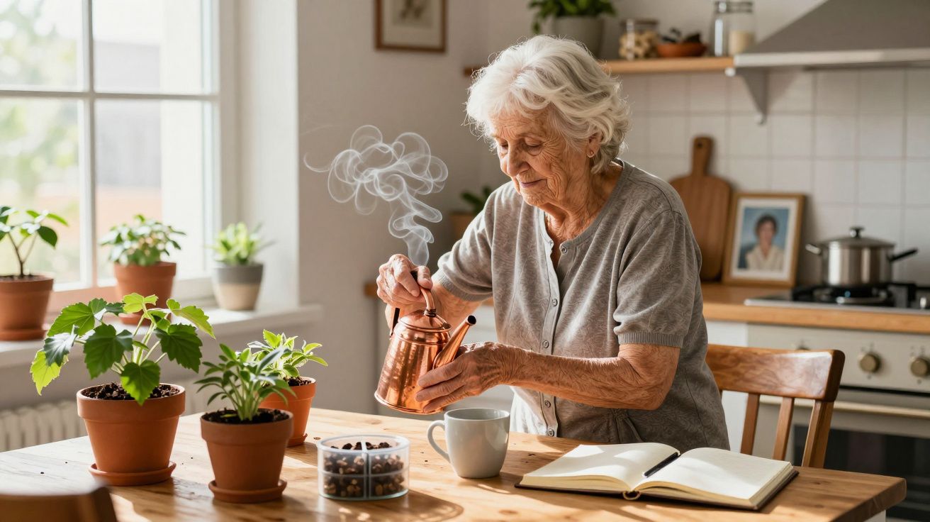 Mujer mayor preparando café en una cocina soleada con plantas, un cuaderno y una taza sobre la mesa.