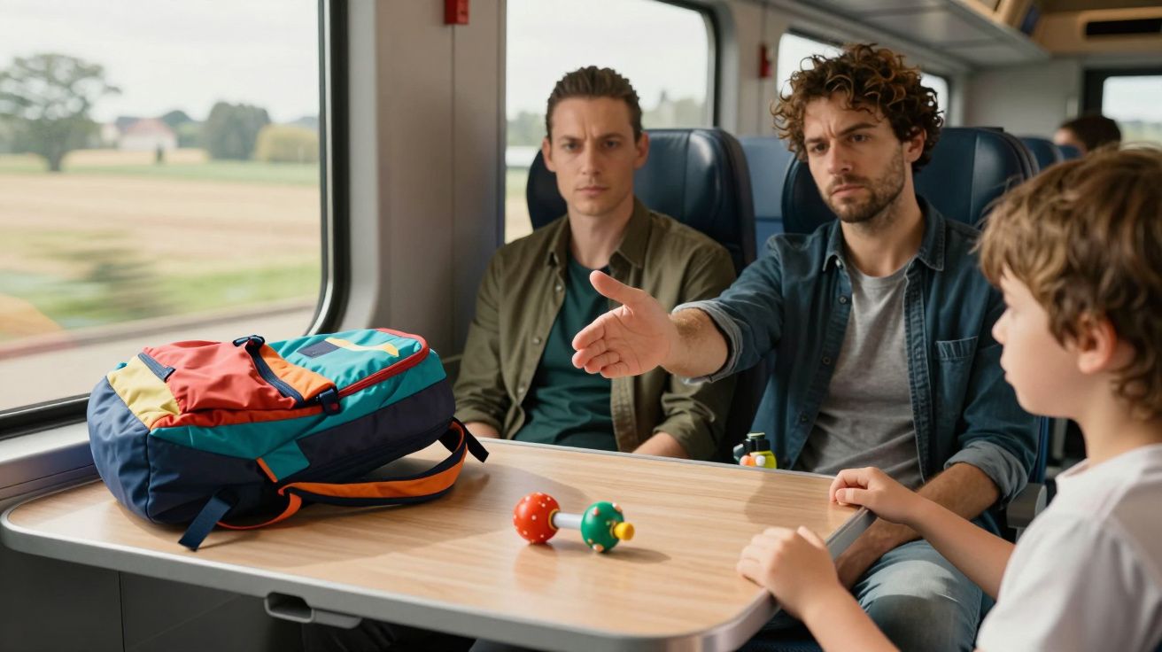 Hombres y niño sentados en un tren junto a una mesa con juguetes y una mochila colorida en un paisaje exterior.