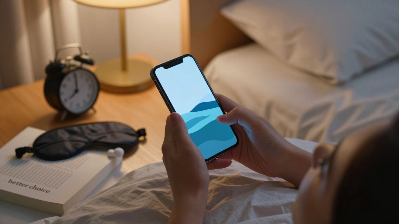 Persona en cama usando un móvil, junto a una lámpara y despertador.