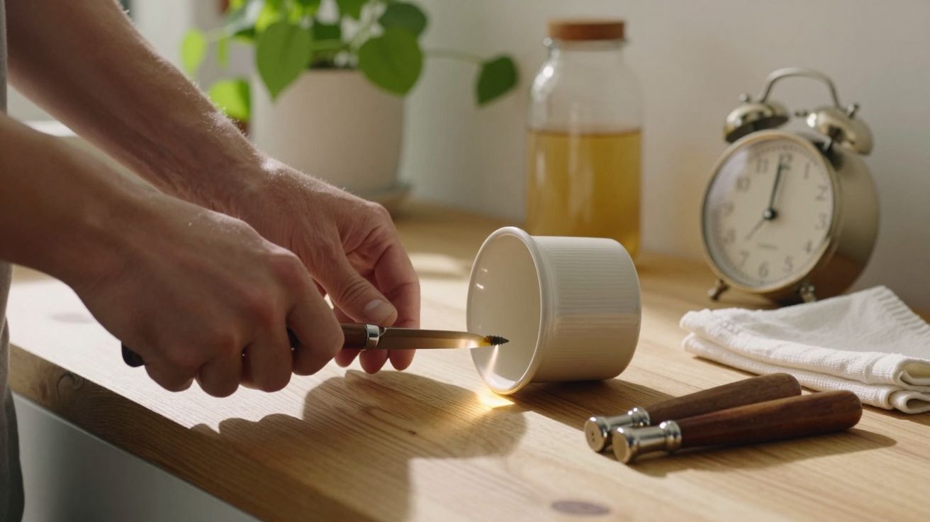 Manos sujetando un cuchillo encendiendo fuego en una vela sobre una mesa de madera, reloj y planta de fondo.