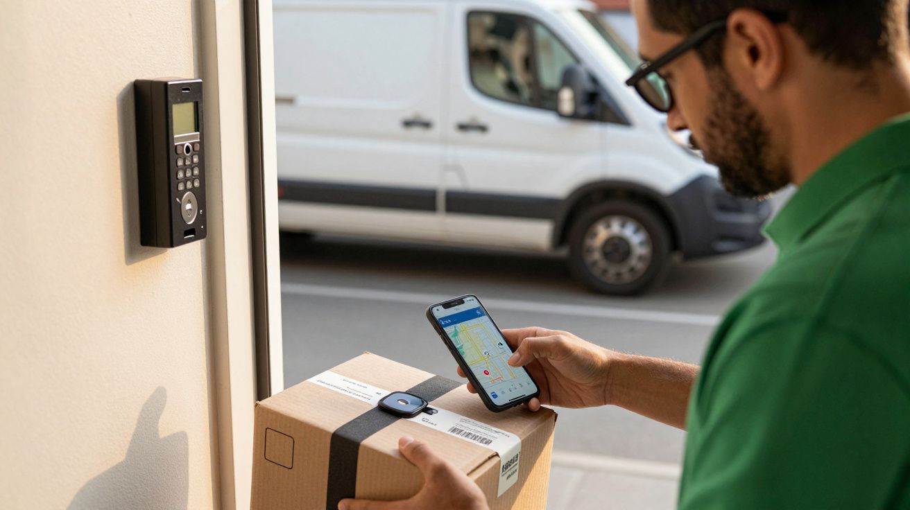 Persona con paquete y móvil frente a una cerradura digital. Furgoneta blanca en el fondo.