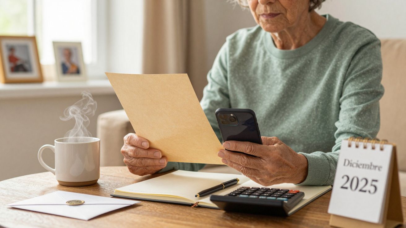 Mujer mayor revisando documentos con un móvil en la mano, junto a taza de café y calendario de diciembre 2025.