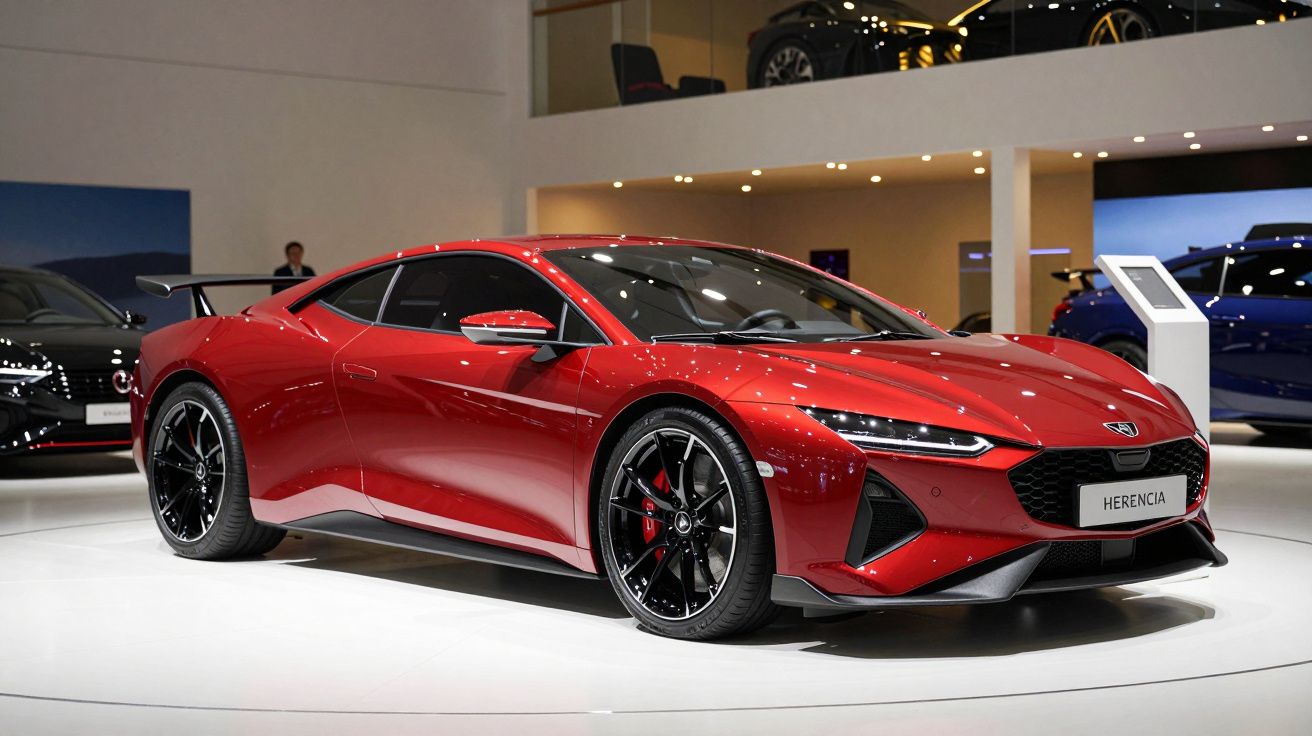 Coche deportivo rojo en exhibición en un salón de automóviles, con diseño aerodinámico y llantas negras.