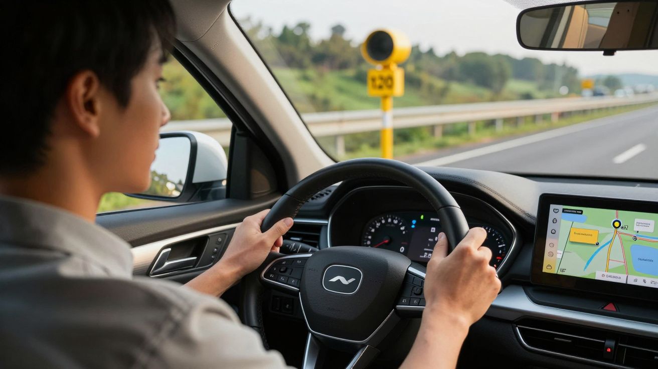 Persona conduciendo coche en carretera, usando GPS en pantalla. Volante y paisaje verde visible por la ventana.
