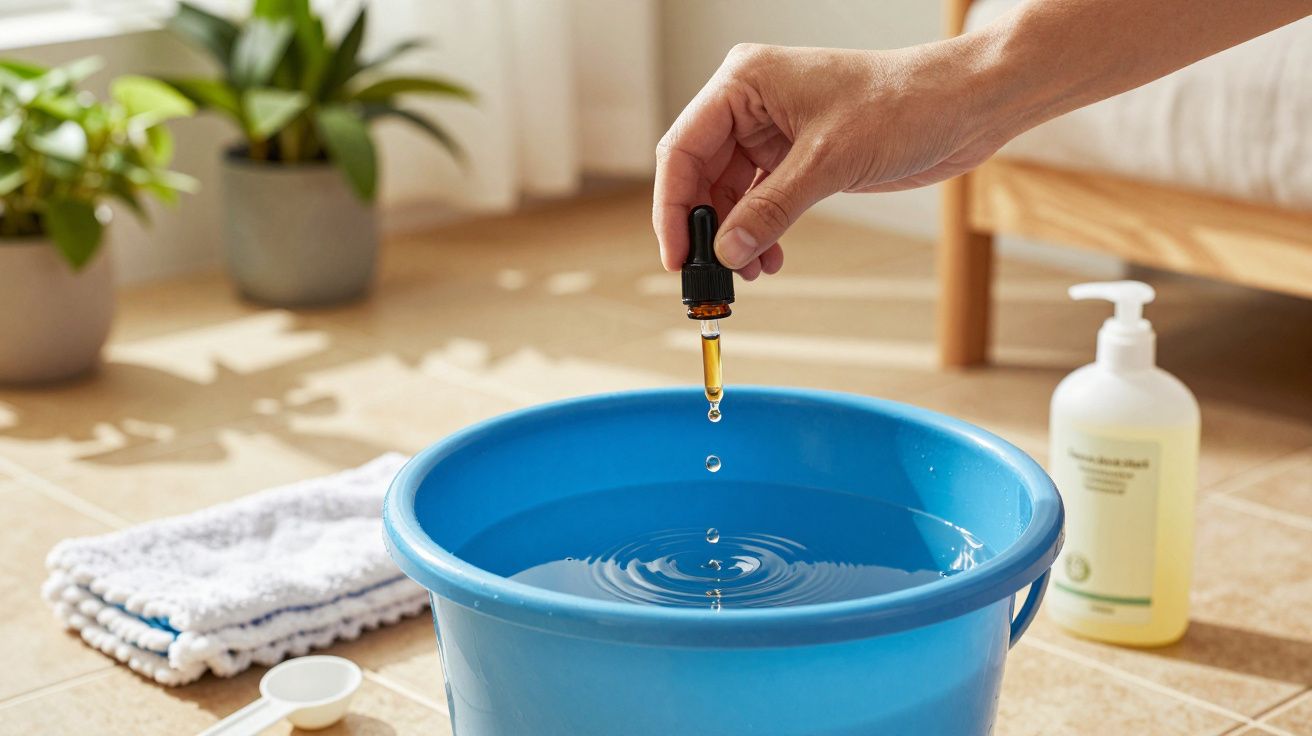Mano añadiendo gotas de líquido a un cubo de agua azul en una habitación iluminada, con toallas y planta al fondo.