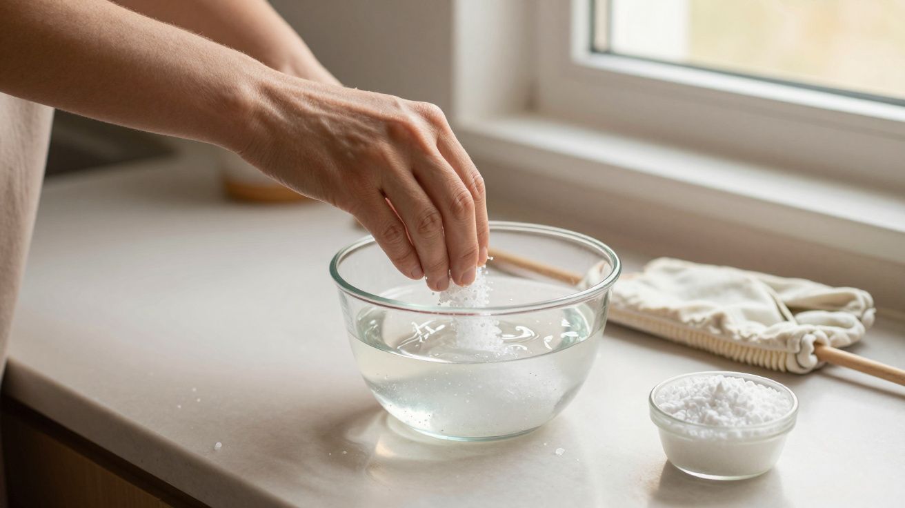 Mano disolviendo sal en un cuenco con agua sobre una encimera, junto a un recipiente pequeño de sal.
