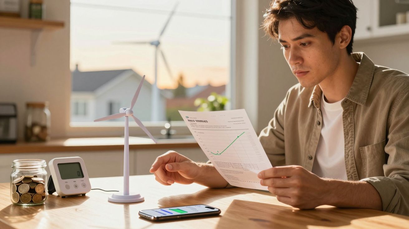 Hombre revisando factura de energía junto a un modelo de turbina eólica, frasco con monedas, teléfono y medidor digital.