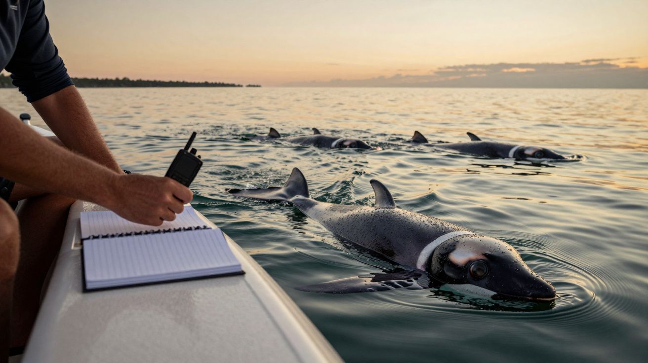 Persona observando a tres tiburones en el agua desde un barco, al atardecer, con un cuaderno y una radio en mano.