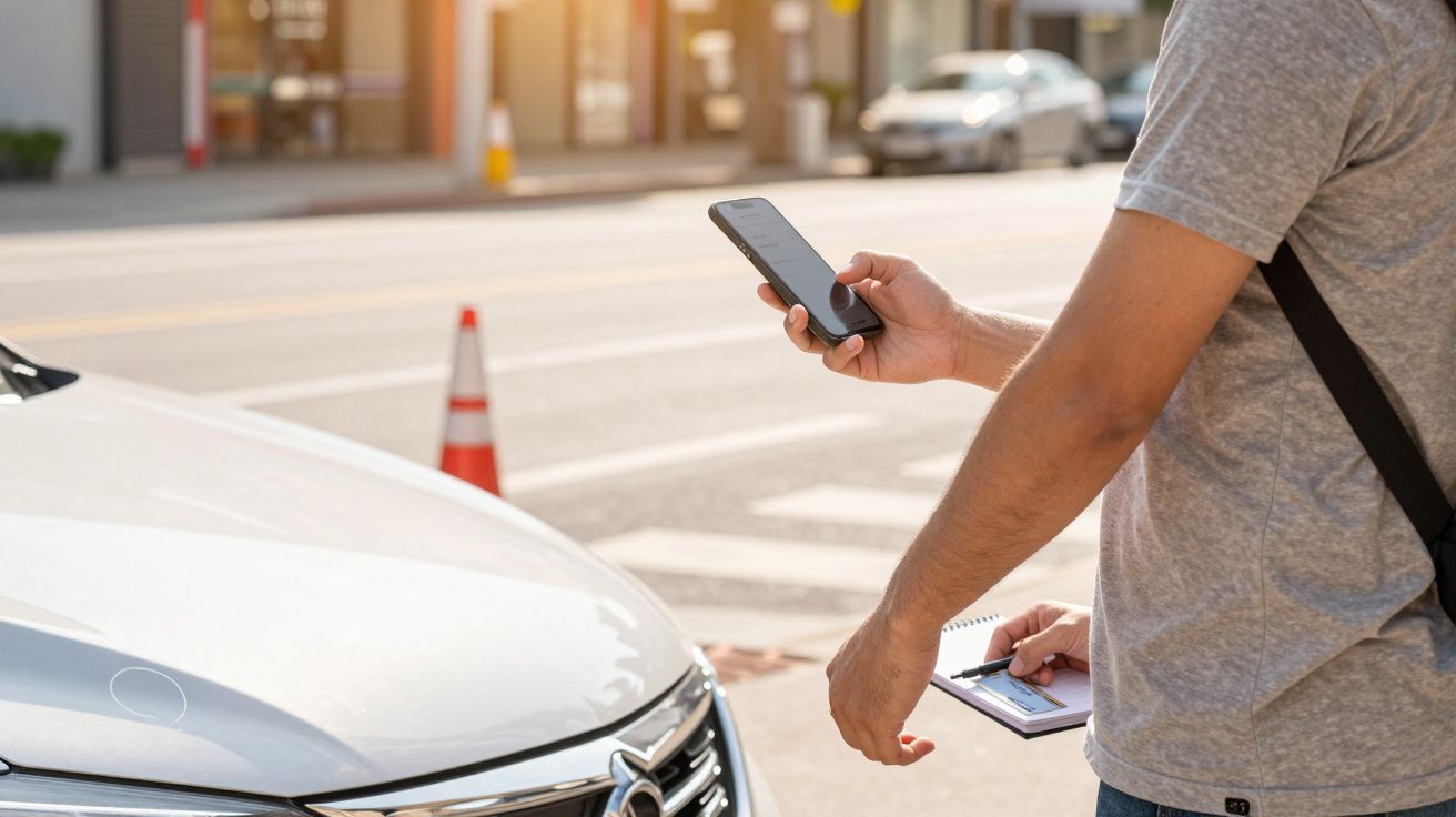 Hombre revisando su móvil junto a un coche detenido en la calle, con un cono de tráfico de fondo en un día soleado.