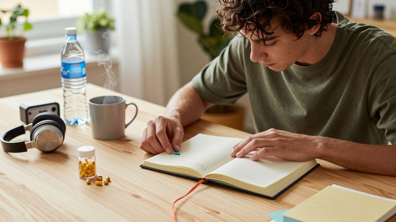 Joven leyendo un libro en escritorio de madera, con auriculares, botella de agua y taza al lado.