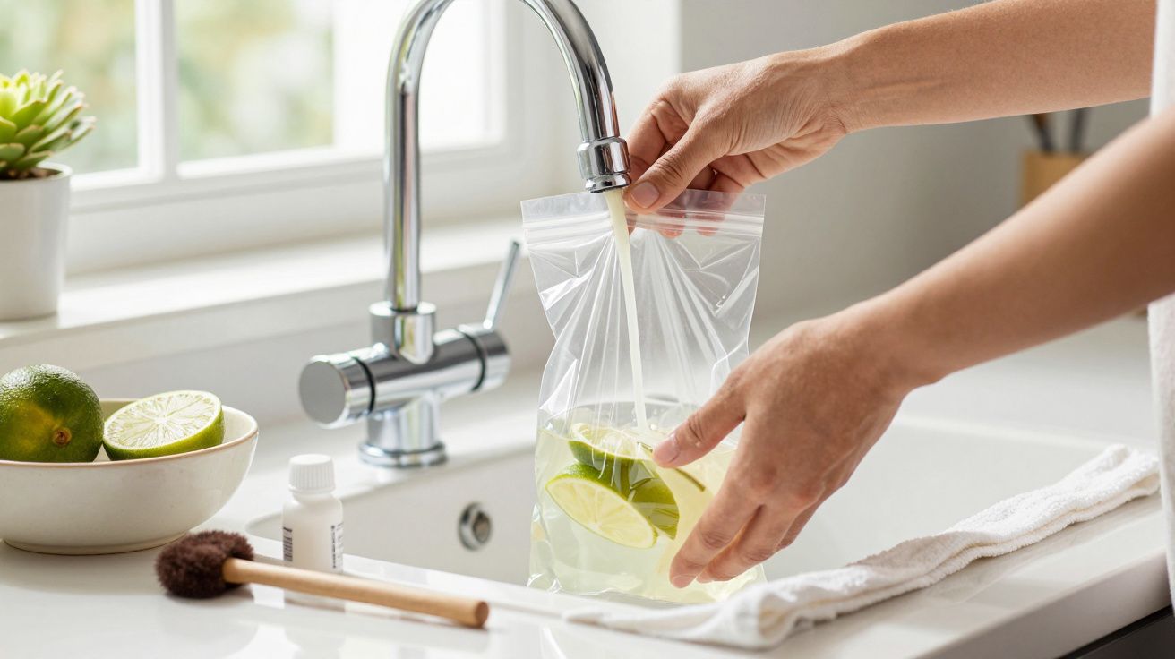 Manos llenando una bolsa resellable con agua y rodajas de lima en un fregadero de cocina.