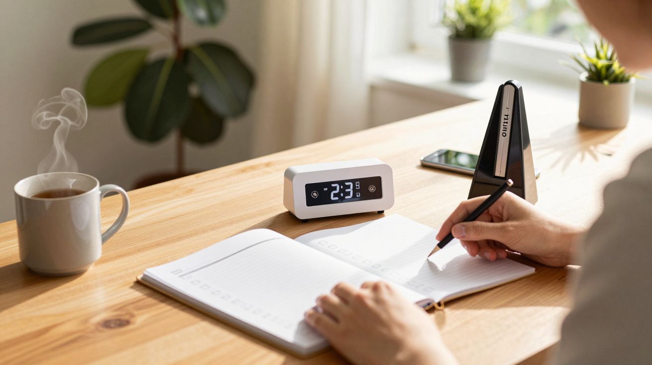 Persona escribiendo en un cuaderno sobre una mesa de madera con reloj digital, café y metrónomo.
