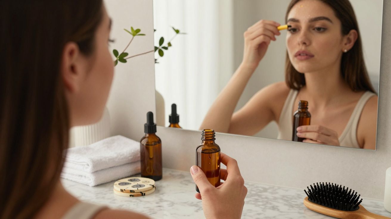 Mujer aplicando aceite facial con un gotero frente al espejo en un baño decorado con botellas y cepillo.