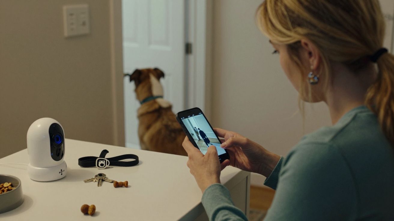 Mujer con móvil al lado de una cámara y un perro sentado cerca de la puerta. Llaves y correa sobre la mesa.