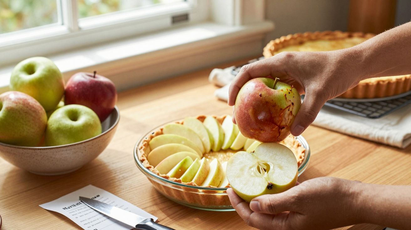 Manos preparando una tarta de manzana en una cocina con un bol de manzanas y un cuchillo en la mesa de madera.