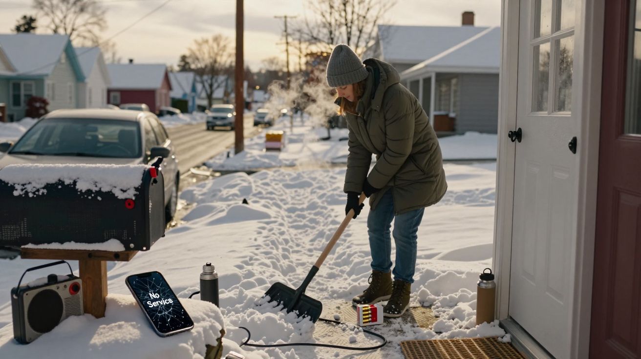 Persona paleando nieve en la entrada de una casa, rodeada de objetos cotidianos sobre la nieve.