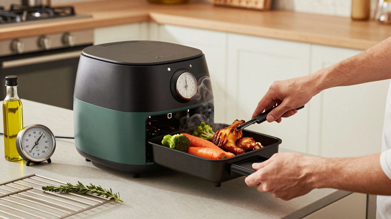 Manos sacando bandeja de freidora de aire con pollo, zanahorias y brócoli. Se ve un termómetro y aceite de oliva.