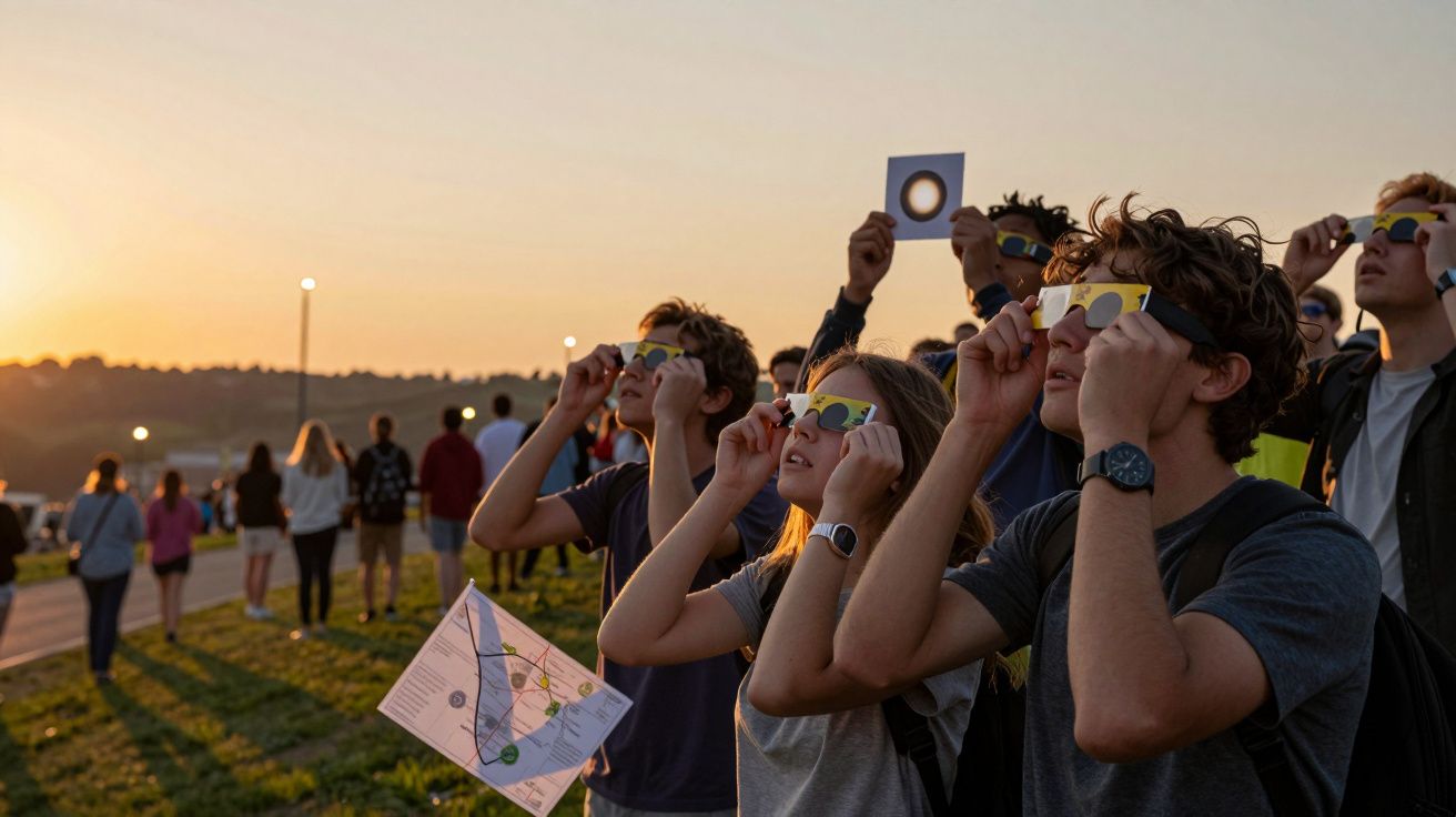 Personas observando un eclipse solar al atardecer con gafas especiales en un campo.