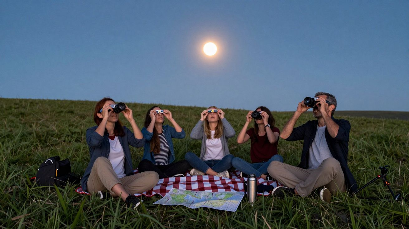 Grupo de personas observando la luna con prismáticos en un campo al anochecer, sentados sobre una manta a cuadros.