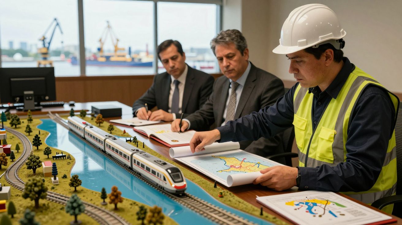Ingeniero con casco revisa planos de trenes, mientras dos hombres en traje observan, en una oficina con maqueta ferroviaria.