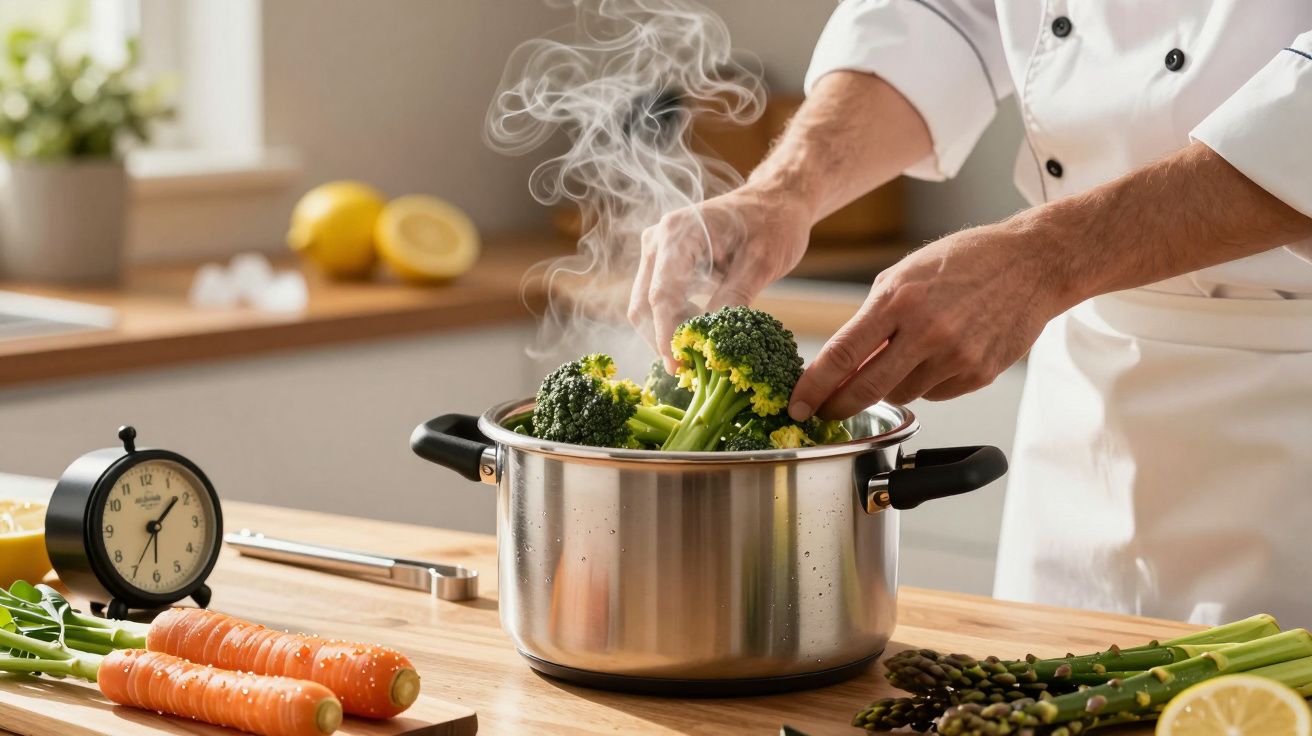 Chef cocinando brócoli al vapor en una olla, rodeado de verduras frescas en una cocina iluminada.
