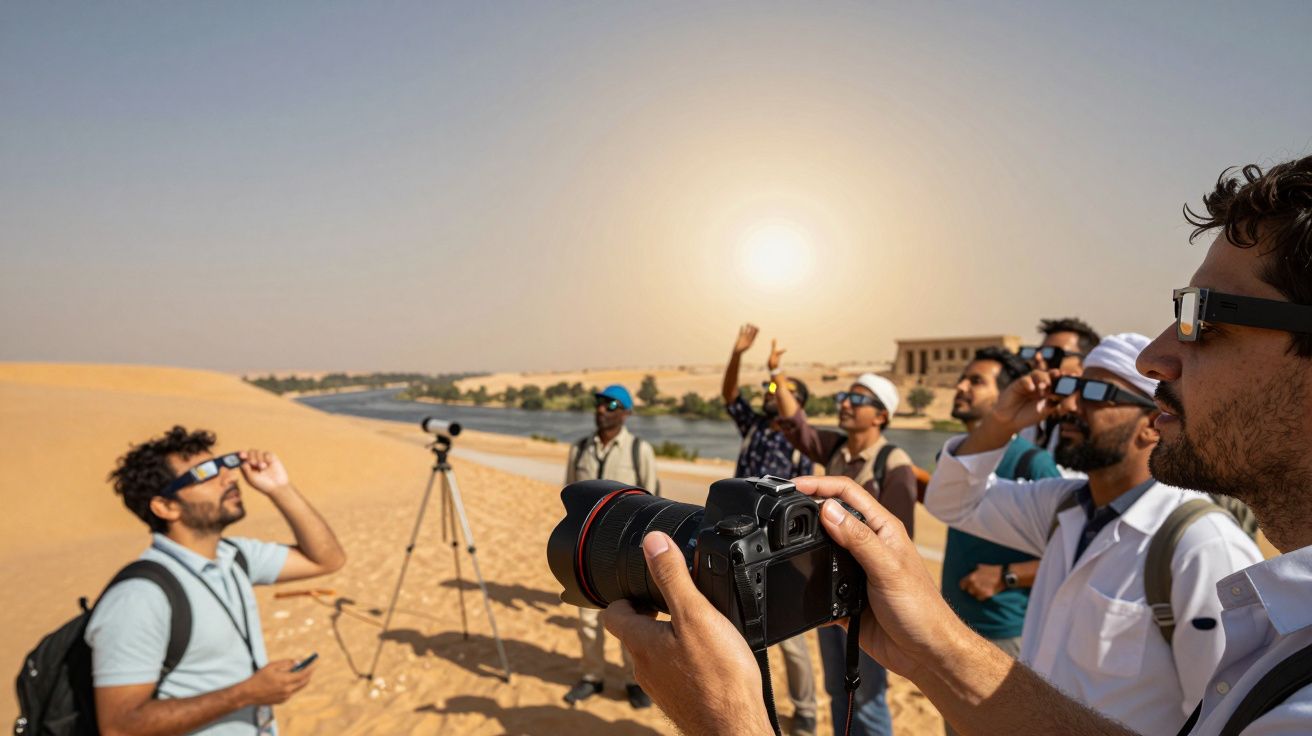 Personas observando un eclipse solar en el desierto; llevan gafas de protección y hay cámaras y trípodes.
