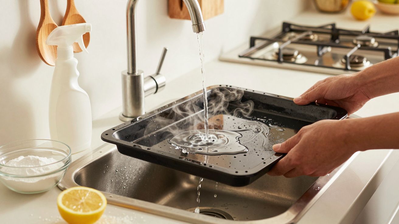 Persona lavando una bandeja de horno humeante bajo el grifo en una cocina, con utensilios y productos de limpieza al fondo.