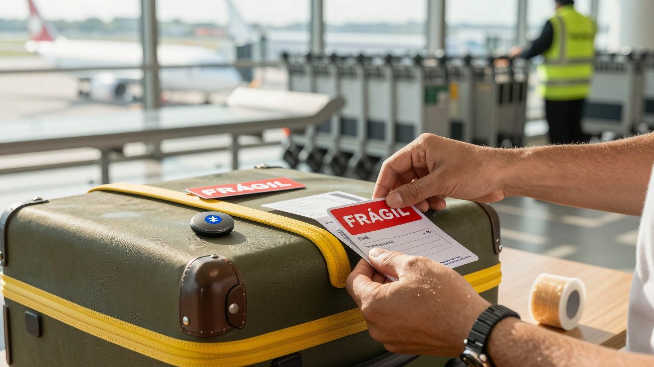 Persona coloca una etiqueta de frágil en una maleta en un aeropuerto, con aviones y carros de equipaje al fondo.