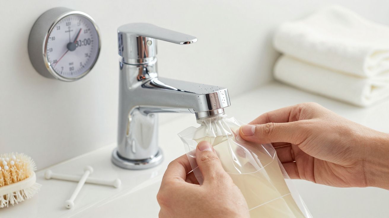 Manos ajustando bolsa de agua en un grifo cromado junto a un temporizador y cepillo en el lavabo.
