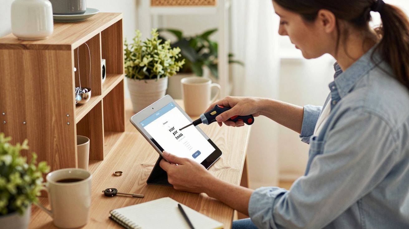 Mujer sosteniendo una tableta y un destornillador en una oficina, junto a una estantería y plantas.