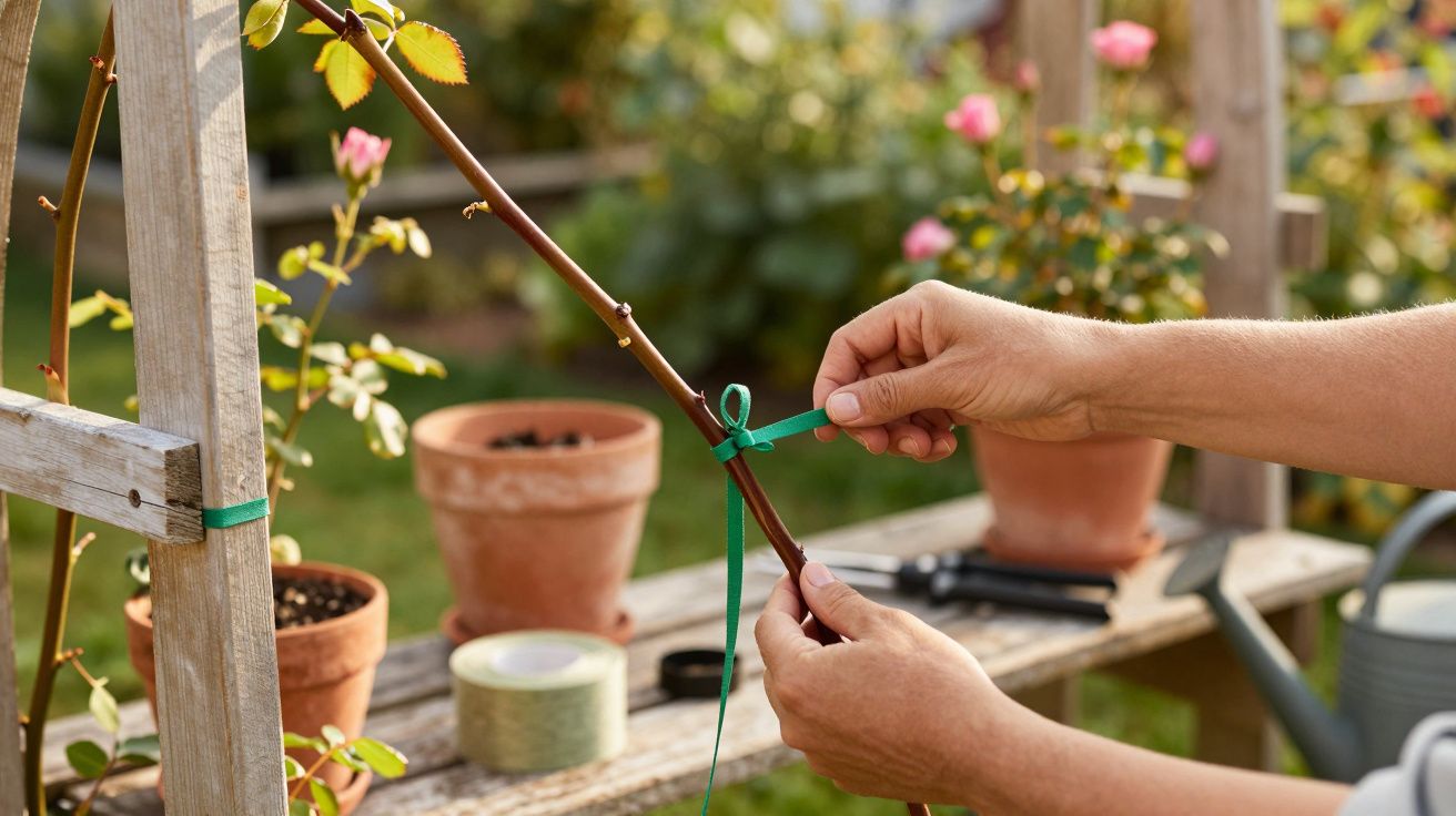 Manos atando una planta trepadora a un tutor de madera en un jardín, con macetas de terracota al fondo.