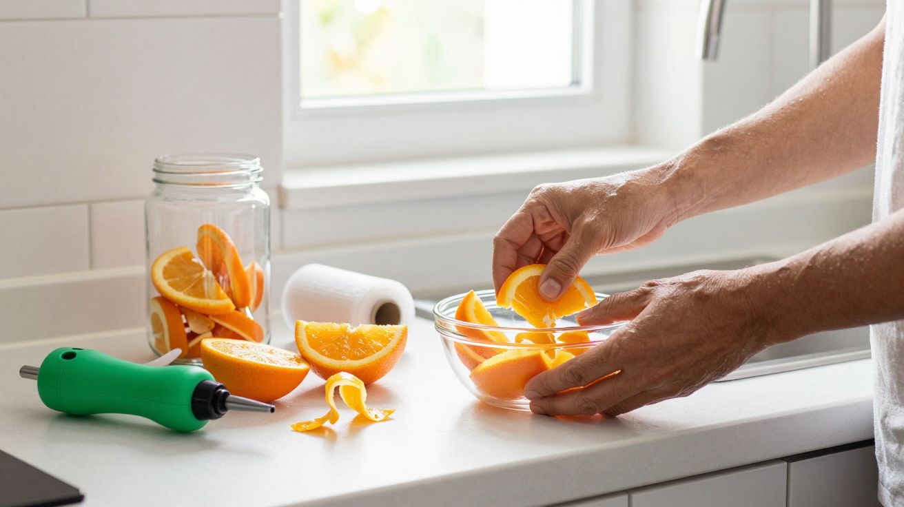 Manos colocando gajos de naranja en un bol junto a un tarro con cáscaras sobre una encimera de cocina blanca.