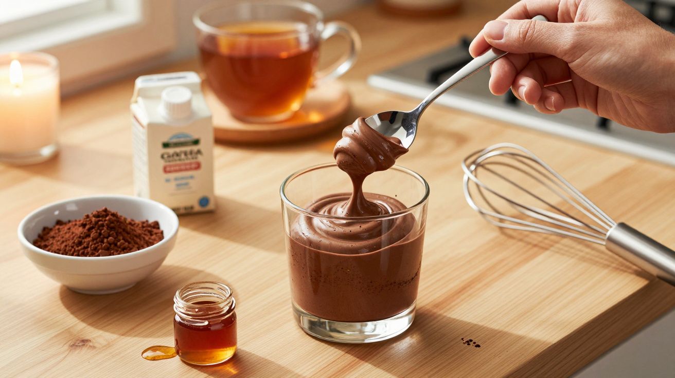 Mano sirviendo mousse de chocolate en un vaso sobre mesa con ingredientes y batidor.
