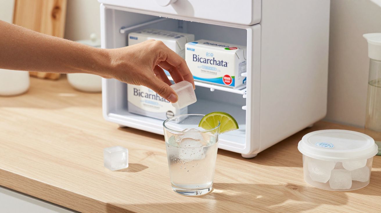 Mano añadiendo cubito de hielo a un vaso con rodaja de limón frente a un refrigerador pequeño con cajas de bicarbonato.