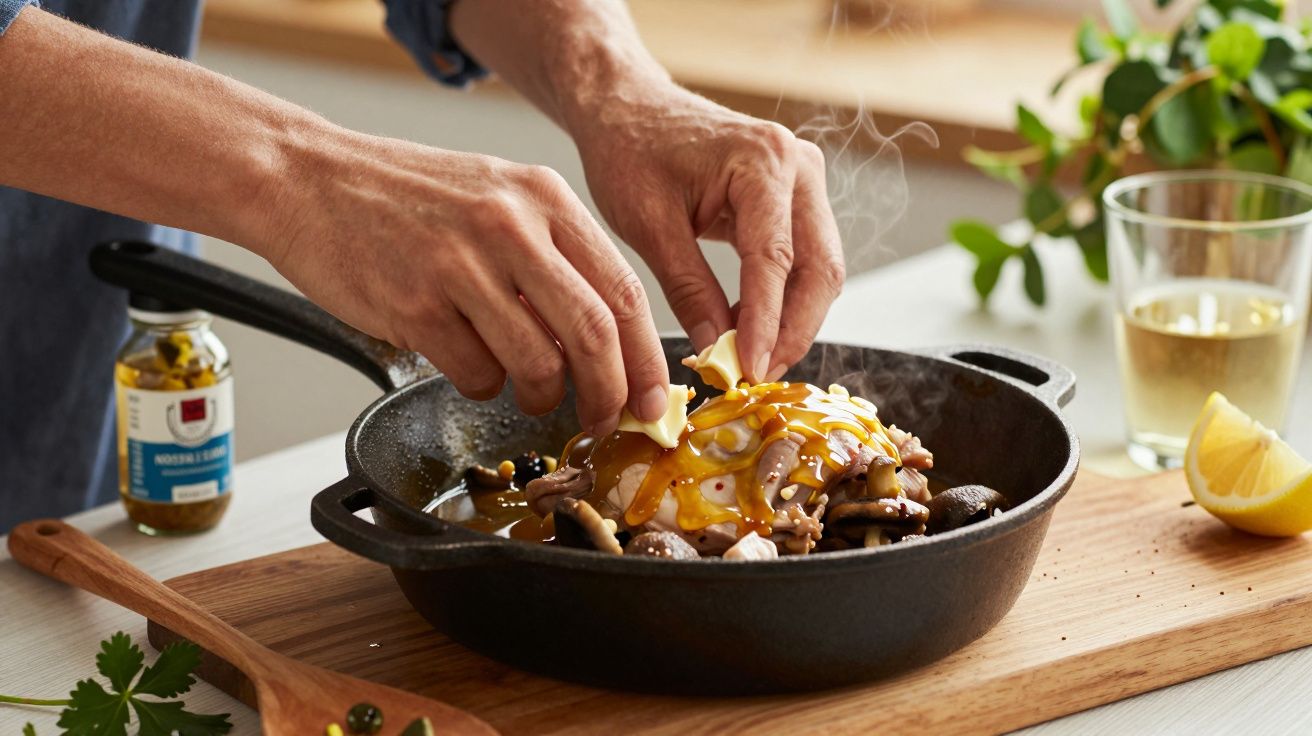 Persona cocinando en sartén de hierro con champiñones y salsa, sobre una tabla de madera, junto a un vaso y limón cortado.