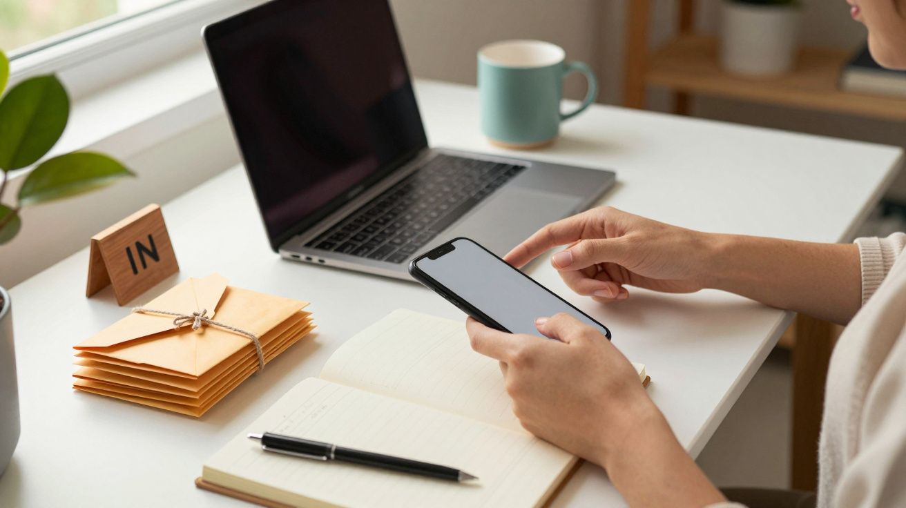 Persona usando un smartphone frente a un portátil en un escritorio con cuadernos, sobres y una taza.