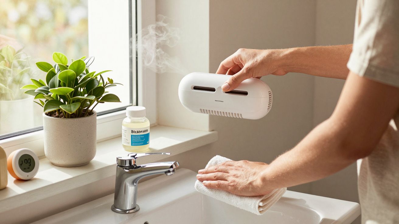 Persona usando un dispositivo blanco sobre un lavabo con una toalla, junto a una planta y un frasco en la repisa.