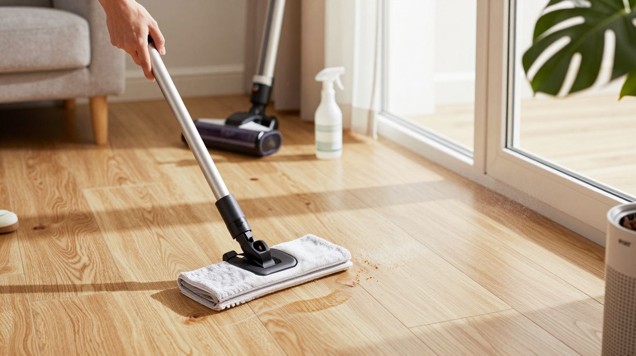 Persona limpiando suelo de madera con fregona junto a ventana. Hay un spray y planta cerca.