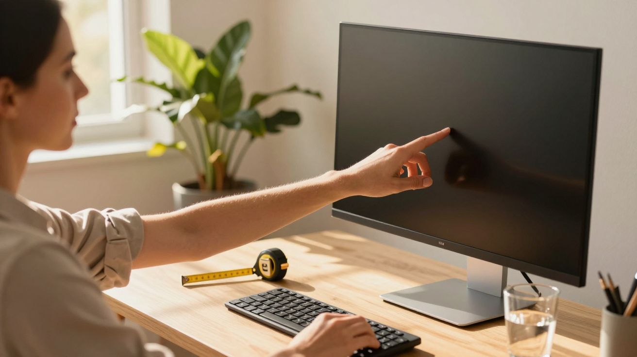 Persona apuntando a una pantalla de ordenador apagada en una oficina luminosa junto a una planta.