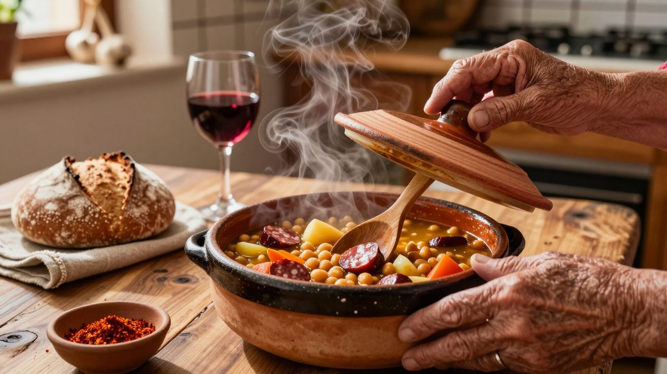 Manos abriendo una cazuela de barro con guiso de garbanzos y chorizo, junto a pan y una copa de vino tinto.