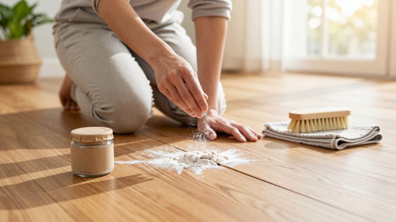 Persona esparciendo polvo sobre el suelo de madera; al lado, un tarro, un cepillo y trapos para limpiar.