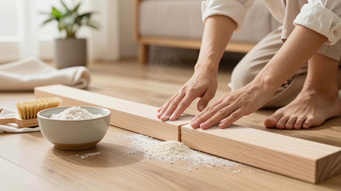 Manos lijando una tabla de madera en el suelo, rodeadas de herramientas y polvo de madera.